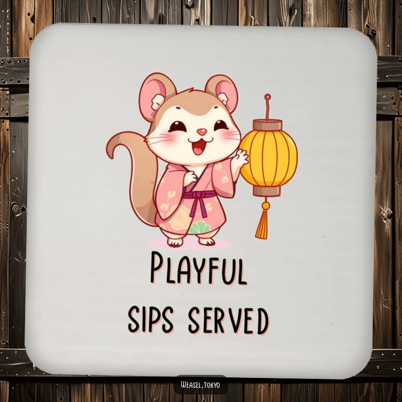 Funny Kawaii weasel illustration in a kimono playfully pawing at a lantern on a coaster, cute gift.