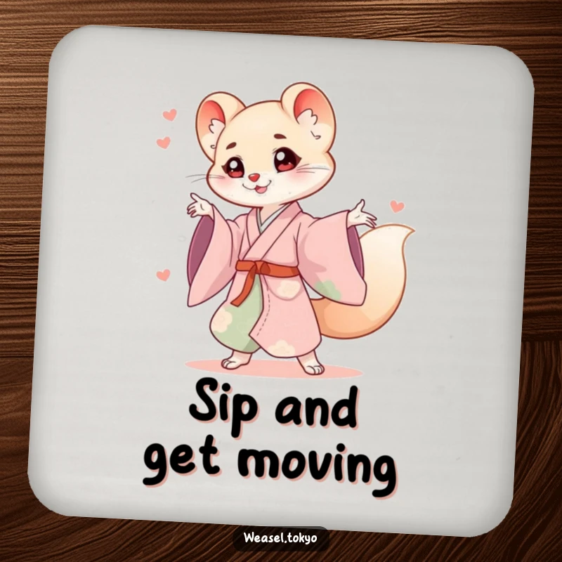 Funny weasel kimono coasters showing a cute weasel in traditional wear striking an energetic pose, protecting tables.