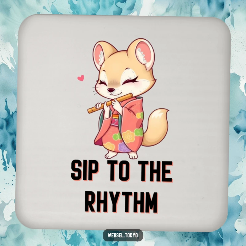 Funny weasel coaster featuring a creature in a colorful kimono energetically playing a flute, adding a musical and humorous touch.