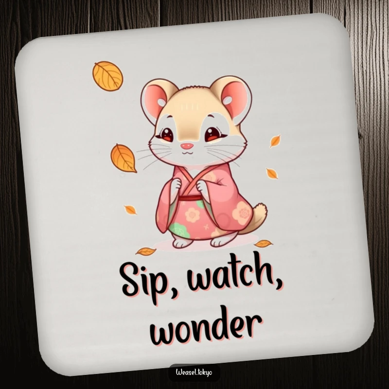 Funny weasel kimono coasters showing a cute weasel in traditional wear looking curiously at a falling leaf, protecting tables.