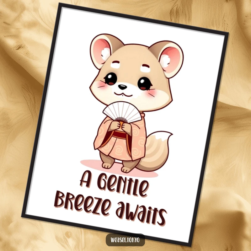 Funny weasel kimono poster depicting a cute weasel in traditional attire offering a fan with serene poise.