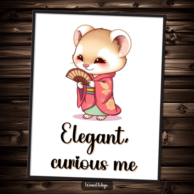 Funny Weasel Poster displaying a curious weasel in a colorful kimono holding a fan, perfect for adding artistic, humorous charm to wall decor.