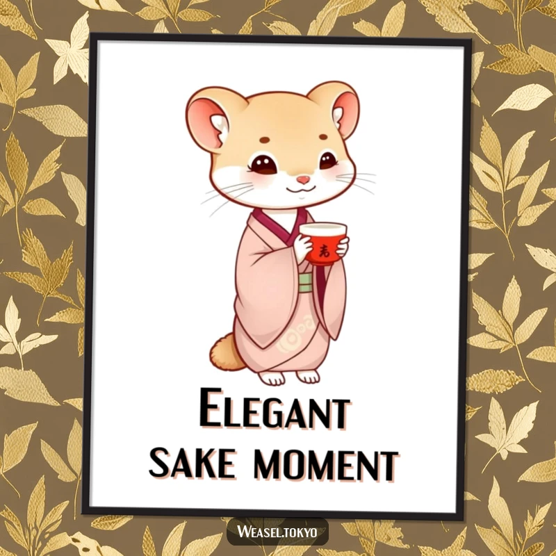 Funny weasel poster depicting a creature in traditional kimono gracefully balancing a saké cup, creating a calm and humorous artistic display.