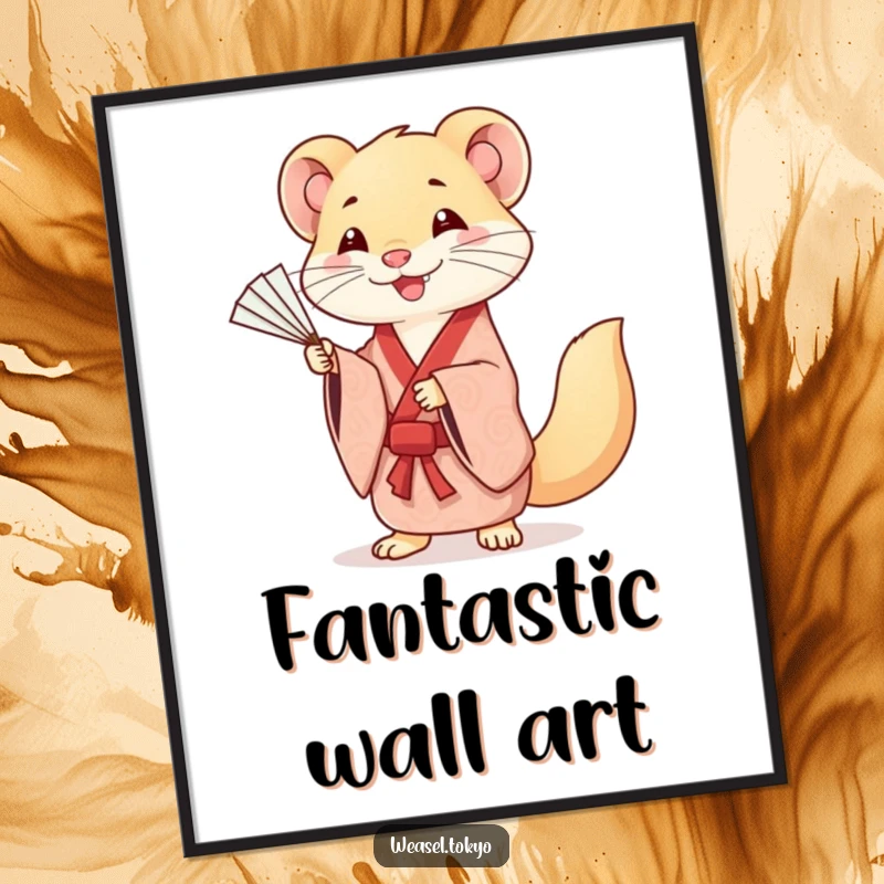Funny poster art of a smiling Kawaii weasel in a patterned kimono, gracefully practicing fan movements, elegant and artistic.