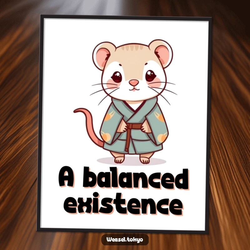 Funny Kawaii weasel illustration in a simple kimono balancing a small charm, serene wall art gift.