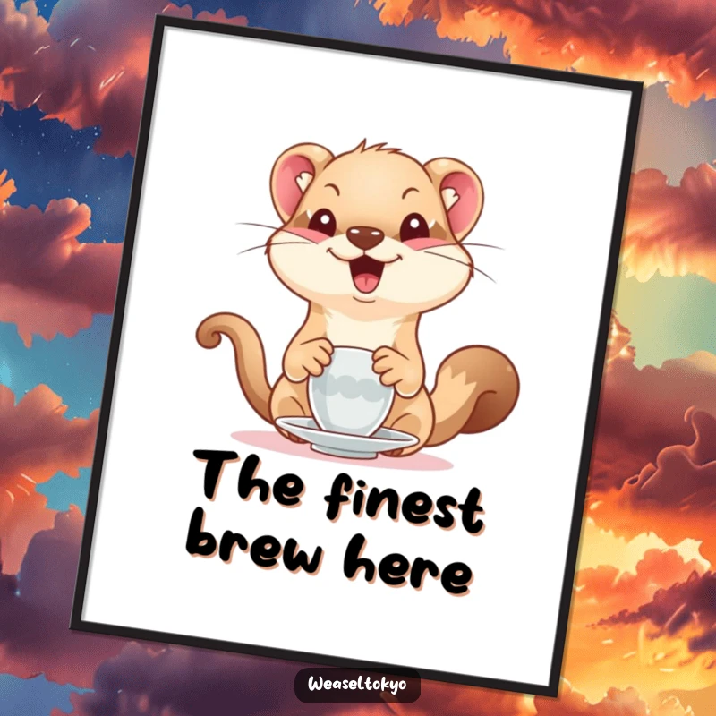 Funny Weasel Poster: A delighted weasel humorously serves tea, bringing a touch of whimsical charm and laughter to your wall art.