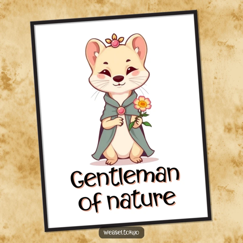 Funny Poster: A refined weasel in smart attire extends a small, smiling flower, creating a scene of quiet generosity and gentle humor.