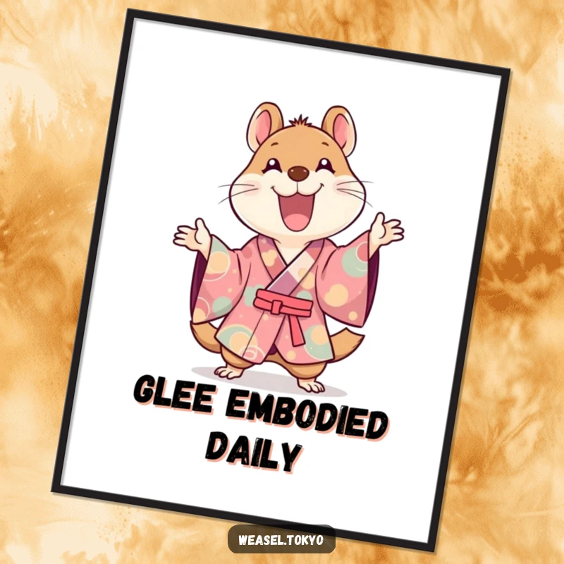 Funny Kawaii weasel illustration in a kimono joyfully gesturing with excitement, perfect wall art gift.