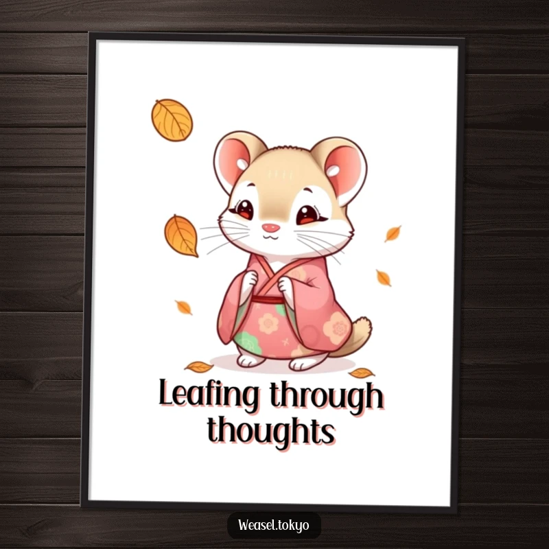 Funny weasel kimono poster depicting a cute weasel in a colorful kimono looking curiously at a single falling leaf.