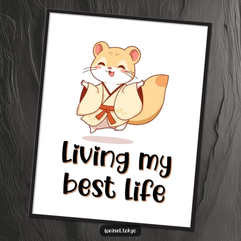 Funny Poster: A happy weasel adorned in an elegant kimono executes a fluid, joyful dance flourish, creating a visually dynamic and amusing scene.