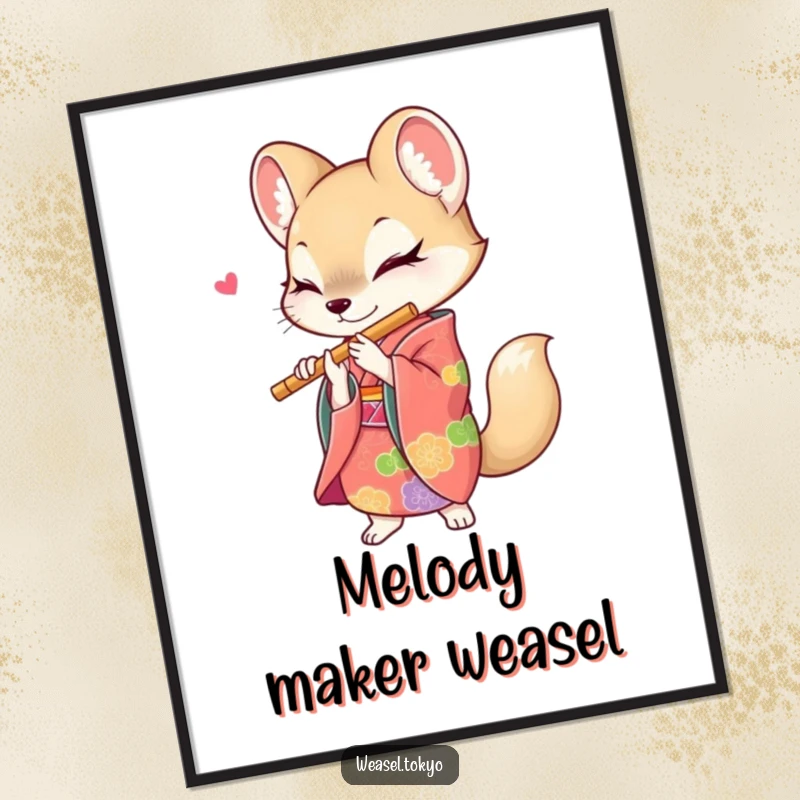 Funny weasel poster depicting a creature in a vibrant kimono energetically playing a flute, creating a lively and artistic visual display.