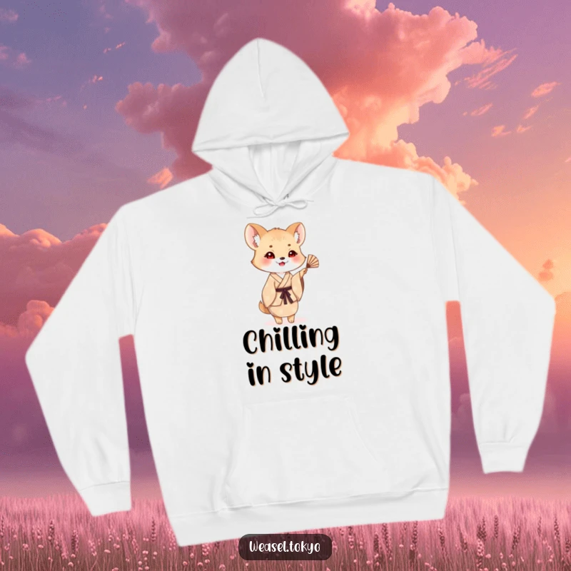 Funny weasel hoodie showcasing a creature in a patterned kimono waving a small fan, offering cozy comfort and cheerful greetings.