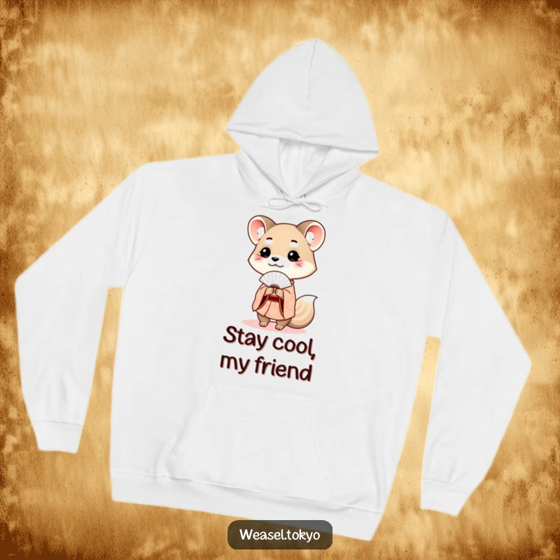 Funny weasel hoodie featuring a cute weasel in an elegant kimono offering a small fan, perfect for cooler days.
