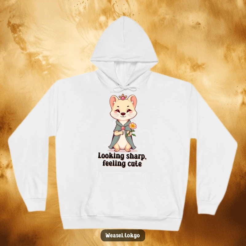 Funny Hoodie: A well-dressed weasel politely offers a small, smiling flower, conveying a message of warmth and sweet affection.