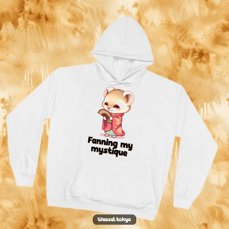 Funny Weasel Hoodie illustrating a curious weasel in a colorful kimono holding a fan, blending warmth with artistic, humorous charm.