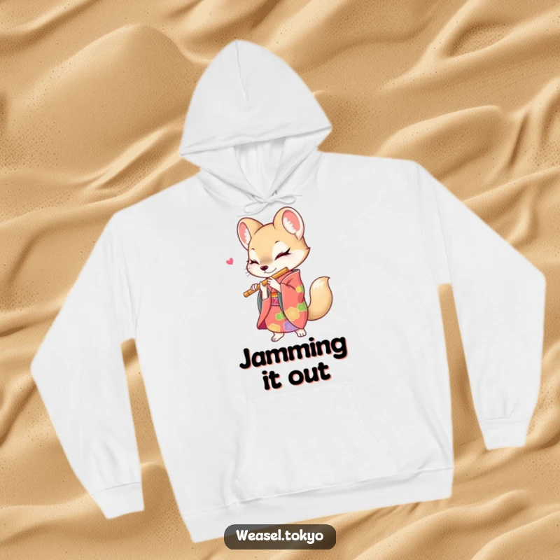 Funny weasel hoodie showcasing a creature in a vibrant kimono, energetically playing a flute, offering warmth and musical charm.