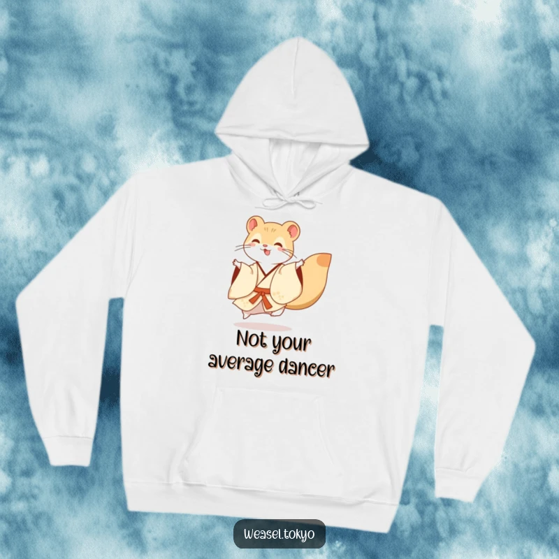 Funny Hoodie: A cheerful weasel in a flowing kimono executes a lively dance flourish, radiating positive energy and playful charm.