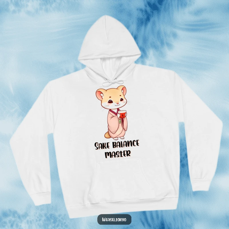 Funny weasel hoodie showcasing a creature in traditional kimono gracefully balancing a saké cup, offering warmth and sophisticated humor.