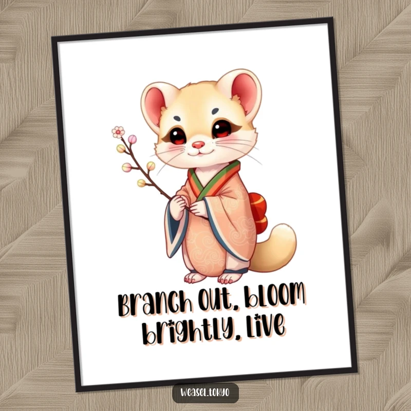 Free Printable Wall Art of a sophisticated weasel in an ornate kimono holding a delicate, beautifully rendered branch.