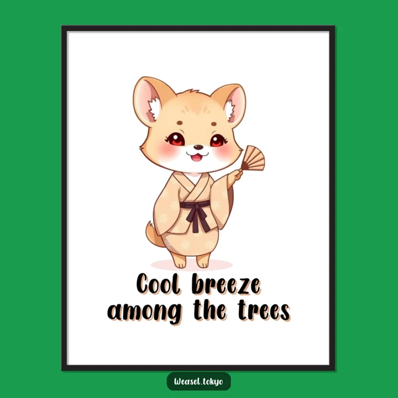 Funny Free Printable Wall Art: Waving Weasel in Kimono, Downloadable Cheerful Decor