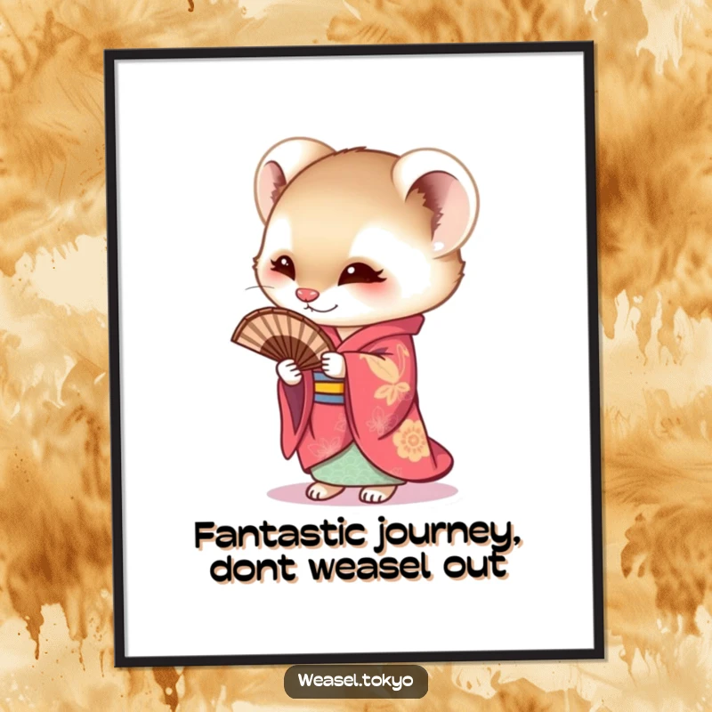Funny Free Printable Wall Art featuring a weasel in a vibrant kimono curiously holding a fan, adding a touch of whimsical charm, downloadable.