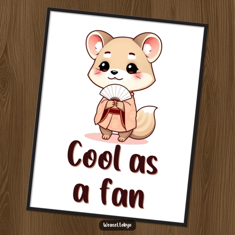 Funny Free Printable Wall Art: A cute weasel in a patterned kimono politely offering a small fan.