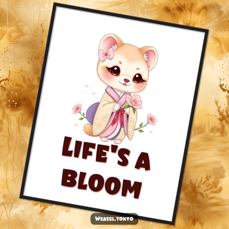 Funny Free Printable Wall Art: A weasel wearing a beautiful kimono holding a delicate bloom.