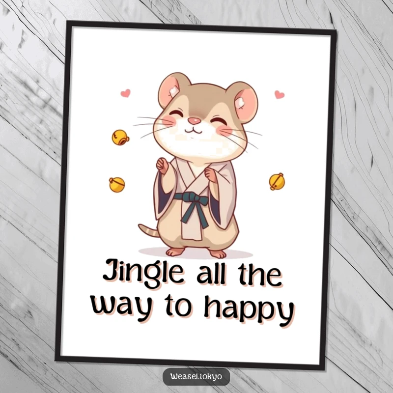Funny Free Printable Wall Art capturing a lively weasel in a kimono playfully juggling numerous tiny, tinkling bells.