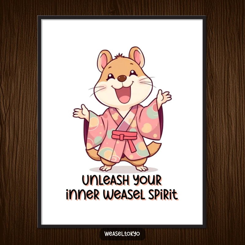 Funny Free Printable Wall Art: Dynamic Kawaii weasel in colorful kimono gestures with pure glee, bringing laughter to any room.