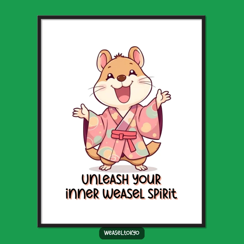 Funny Free Printable Wall Art: Dynamic Kawaii Weasel Kimono Art - Downloadable Laughing Decor