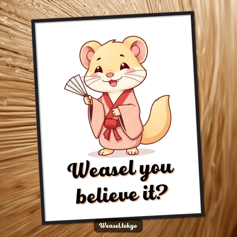 Funny Free Printable Wall Art: A smiling Kawaii weasel in a decorative kimono executes graceful fan movements with finesse.