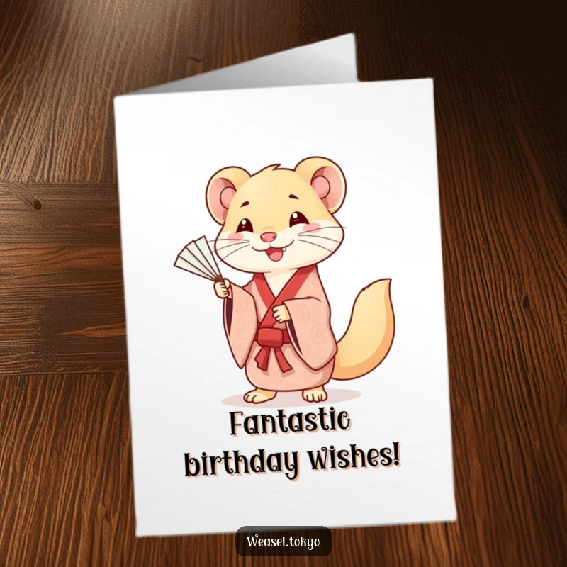Funny Free Printable Birthday Card: A smiling Kawaii weasel in a patterned kimono gracefully practices fan movements.