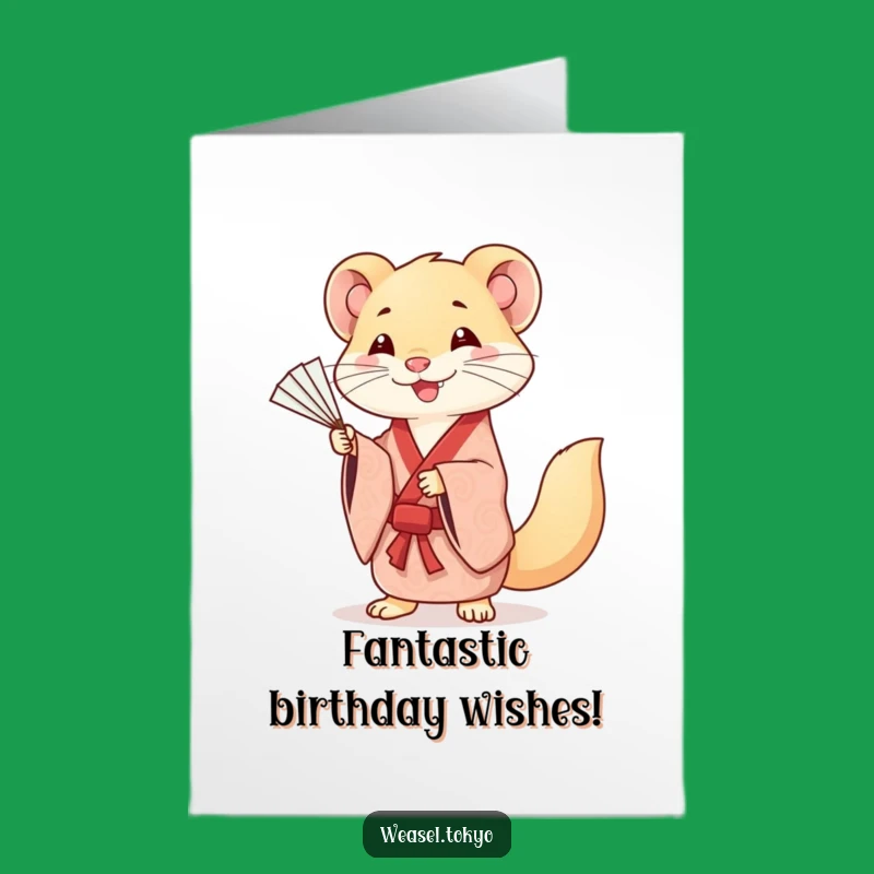 Free Printable Birthday Card: Kawaii Weasel Fan Dance, Downloadable Elegant Gift