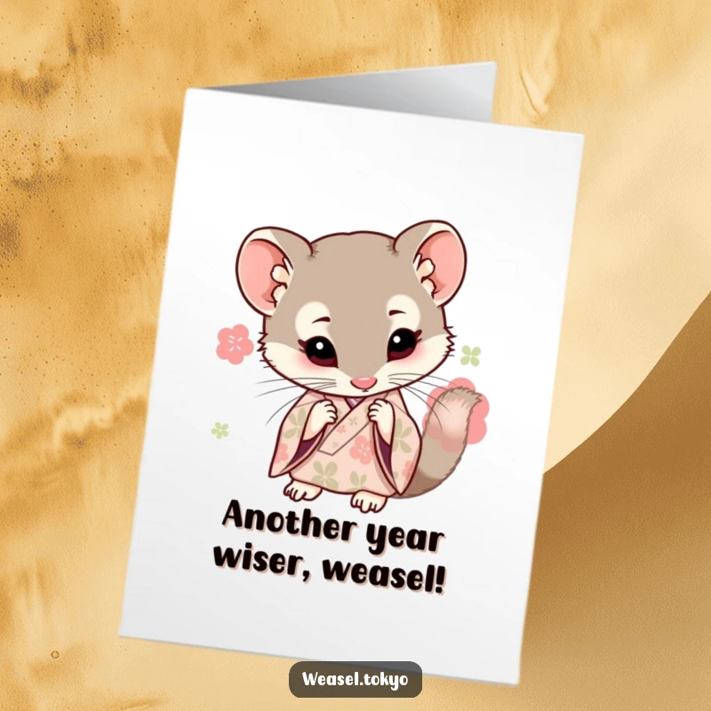 Funny Free Printable Birthday Card: Curious Kawaii weasel in refined kimono leans in, examining something with hilarious intrigue.