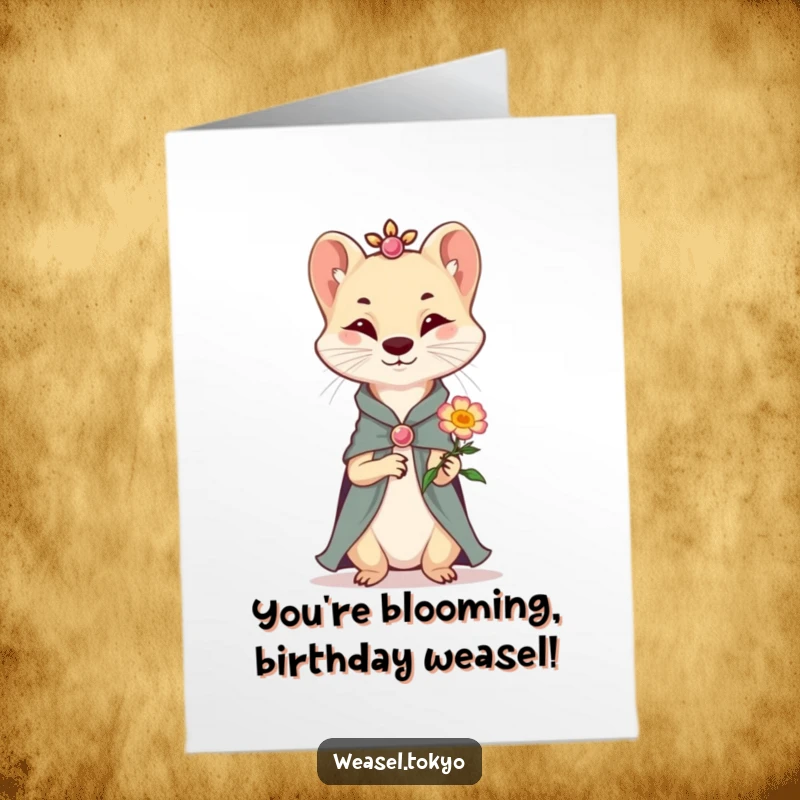 Funny Free Printable Birthday Card: A dapper weasel in fancy clothes politely offers a tiny, cheerful smiling flower.