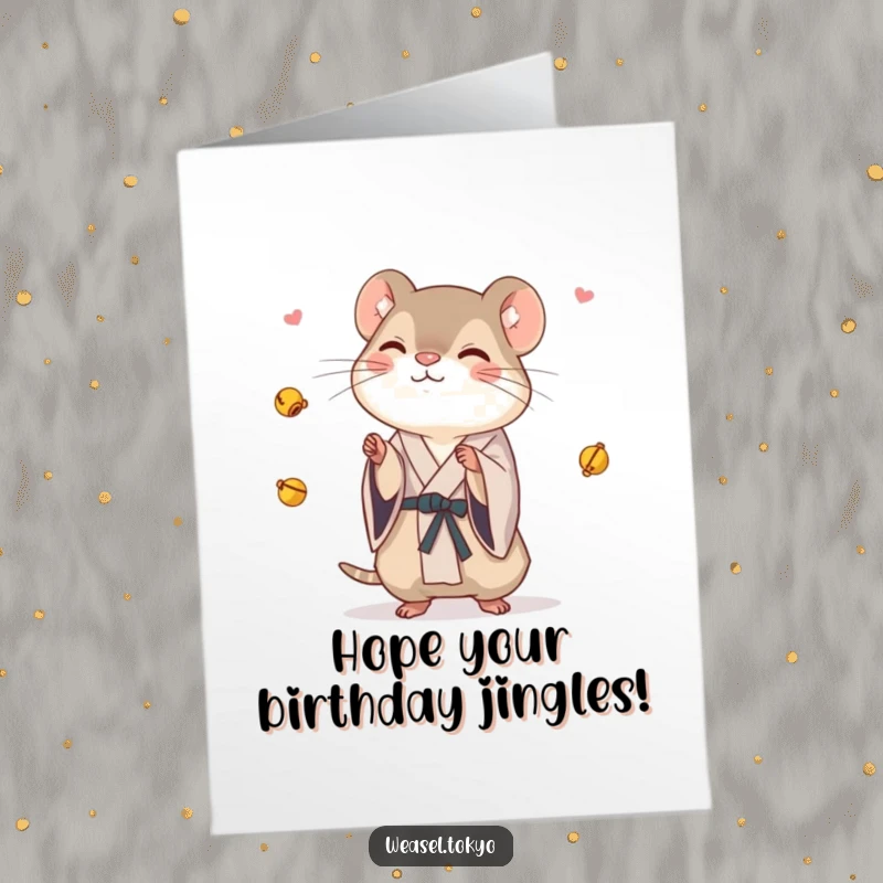Funny Free Printable Birthday Card featuring a whimsical weasel in a kimono playfully juggling several small, shiny bells.