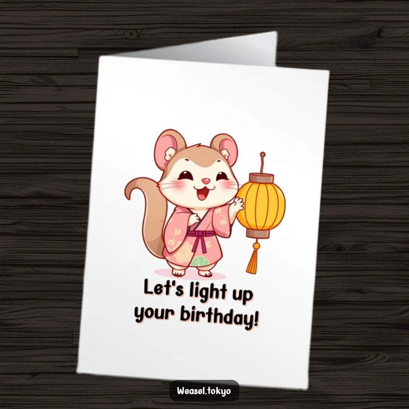Funny Free Printable Birthday Card: Cheerful Kawaii weasel in vibrant kimono playfully paws at a dangling lantern, radiating joy.
