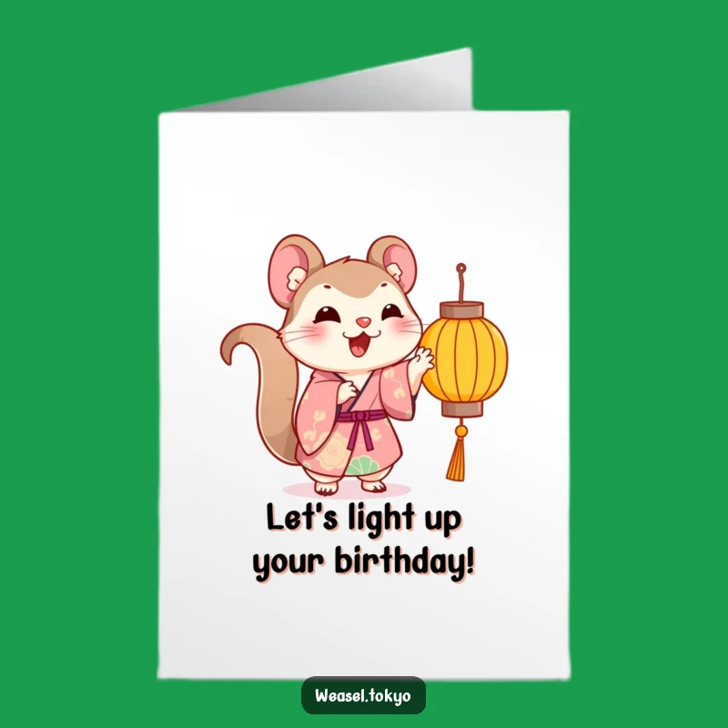 Free Printable Birthday Card: Cheerful Kawaii Weasel Kimono Lantern Funny Card - Instant Download Gift