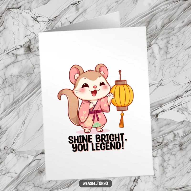 Funny Free Printable Congrats Card: Cheerful Kawaii weasel in kimono playfully bats at a lantern, celebrating achievements with fun.