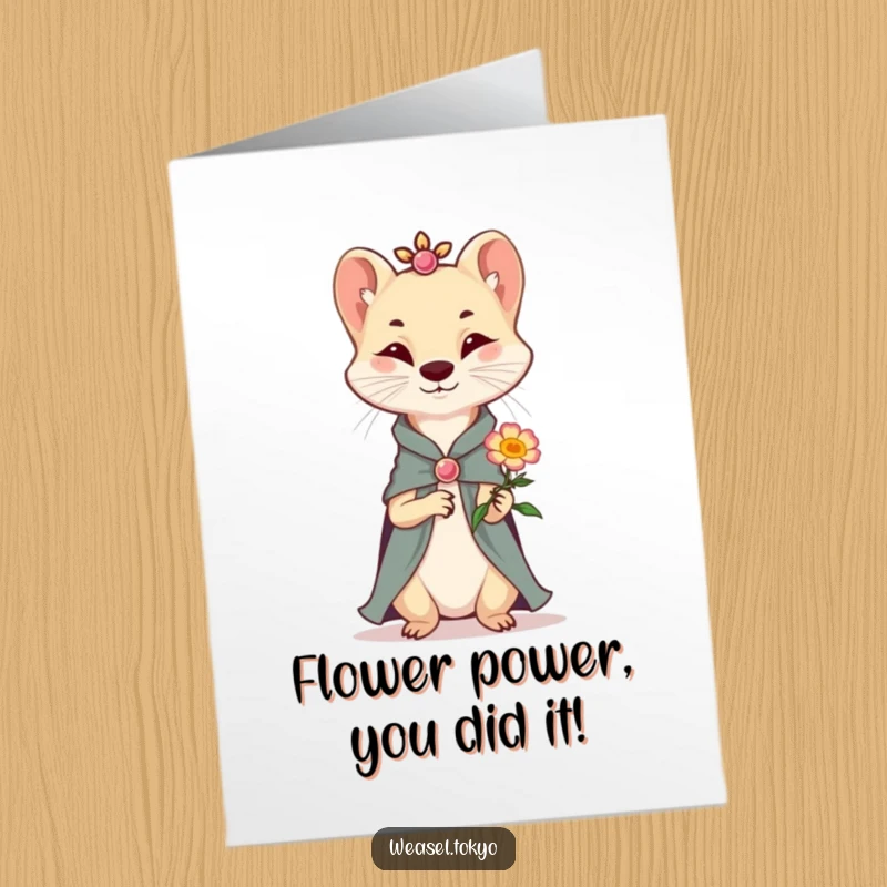 Funny Free Printable Congratulations Card: A sophisticated weasel in elegant attire presents a small, happy flower for their achievement.