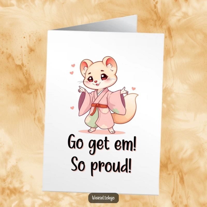 Free Printable Congratulations Card: Weasel in a flowing kimono striking a playful, energetic pose.