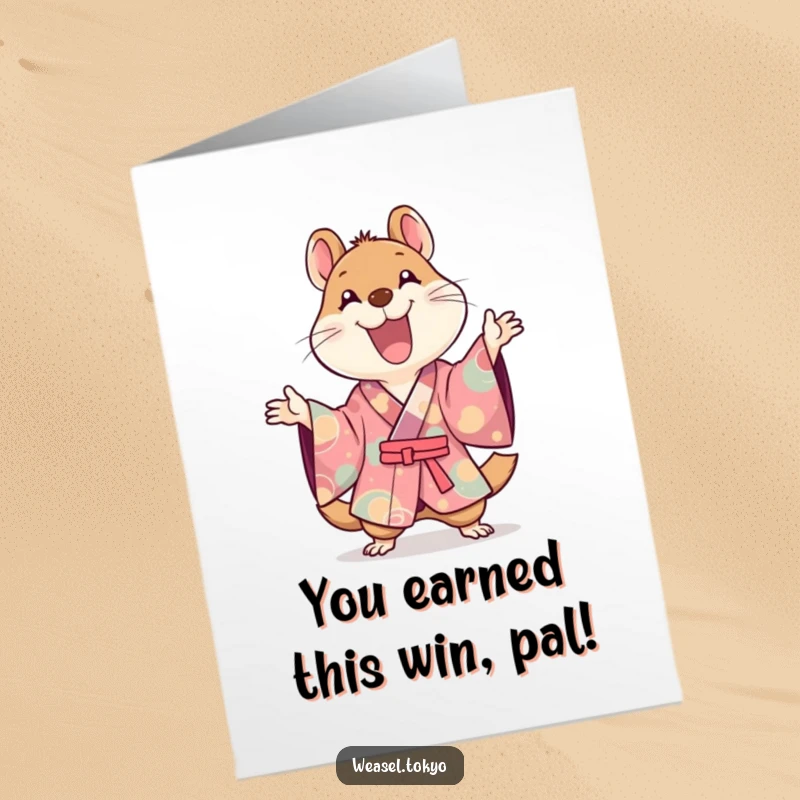Funny Free Printable Congrats Card: Gleeful Kawaii weasel in kimono gestures with pure joy, celebrating achievements with hilarious enthusiasm.