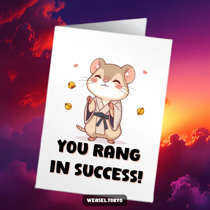 Funny Free Printable Congratulations Card showing a skilled weasel in a kimono juggling tiny bells with a playful demeanor.