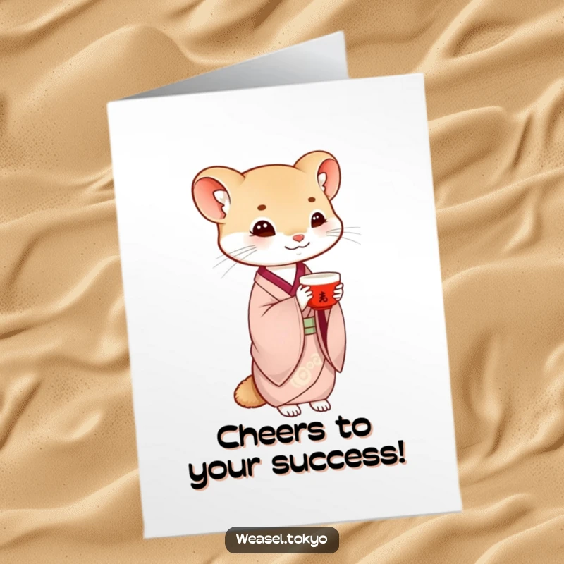 Funny Free Printable Congrats Card: A weasel in traditional kimono gracefully balancing a saké cup, celebrating achievement