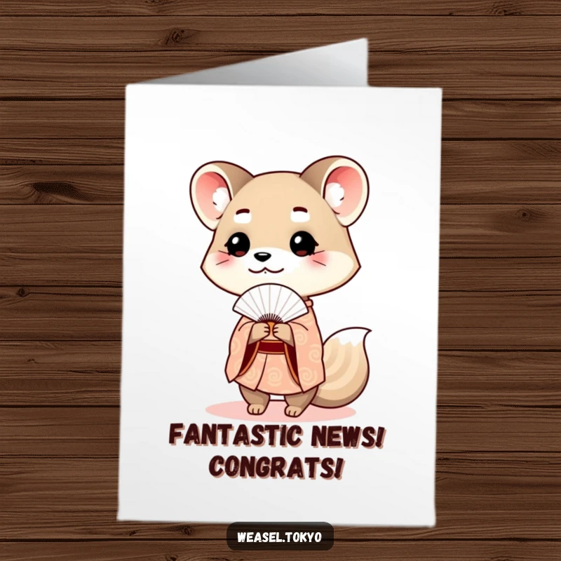 Free Printable Congratulations Card: Cute weasel in a patterned kimono politely offering a small fan.