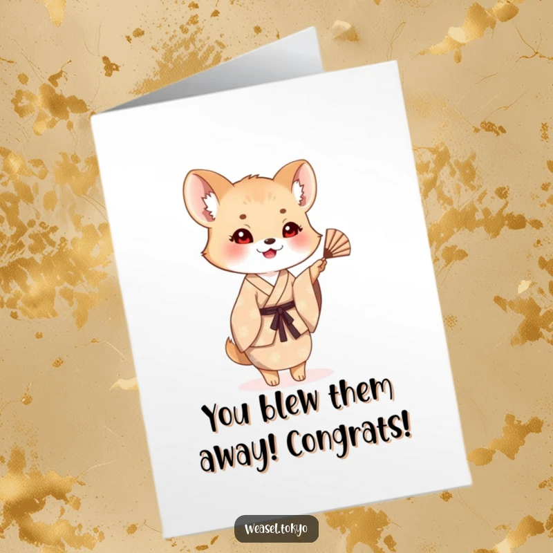 Funny Free Printable Congrats Card: A cheerful weasel in a patterned kimono waving a small fan, celebrating achievement