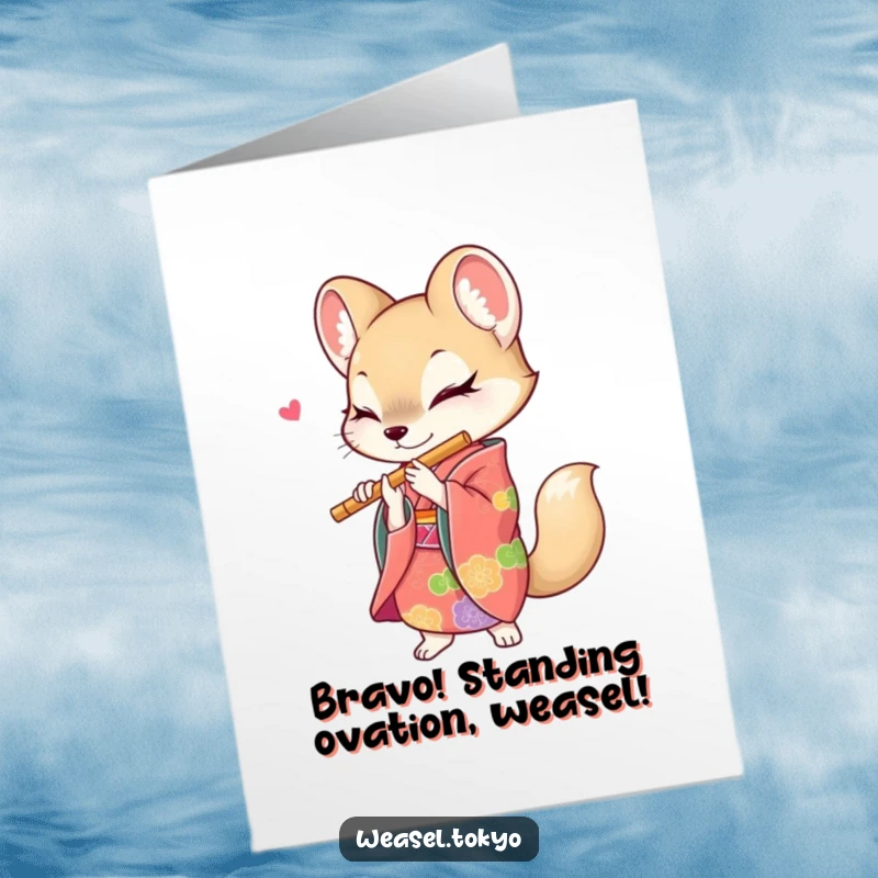 Funny Free Printable Congrats Card: A weasel in a vibrant kimono energetically playing a flute, cheering success