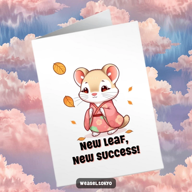Free Printable Congratulations Card: Weasel dressed in a colorful kimono looking curiously at a falling leaf.