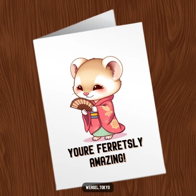 Funny Free Printable Congratulations Card showcasing a weasel in a vibrant kimono curiously holding a fan, conveying sophisticated congratulations, downloadable.