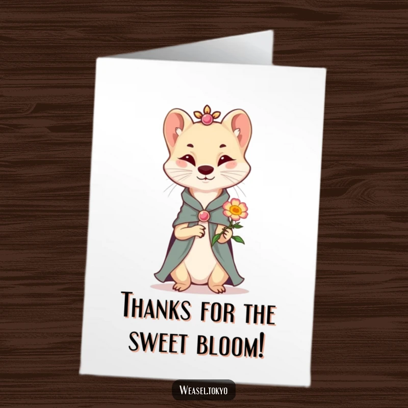 Funny Free Printable Thank You Card: A distinguished weasel in fine clothing offers a tiny, beaming flower as thanks.